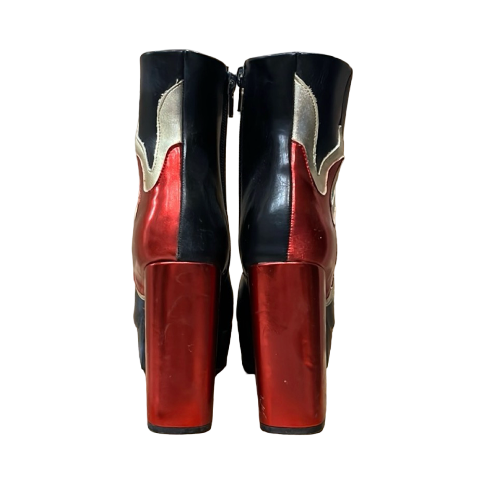Black and Red Fire Pattern Leather Platform Heels