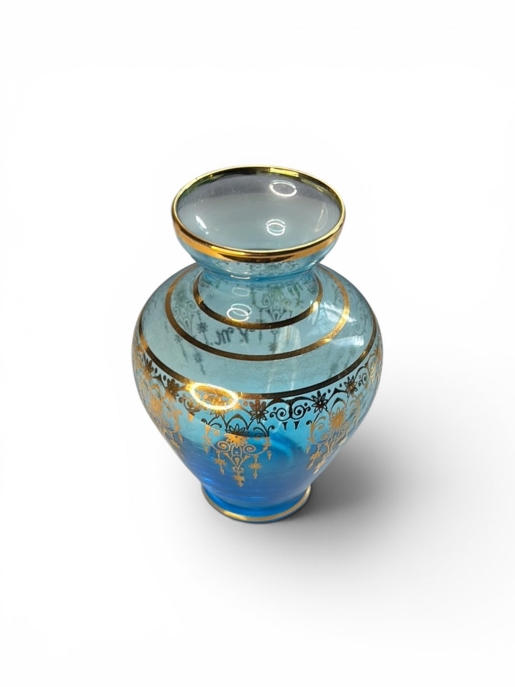 Light blue Vecchia Murano Art glass vase 24k gold leaf
