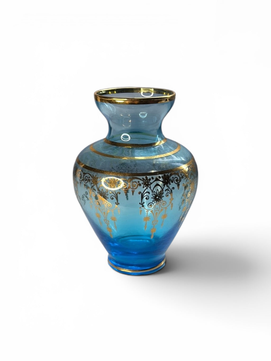 Light blue Vecchia Murano Art glass vase 24k gold leaf