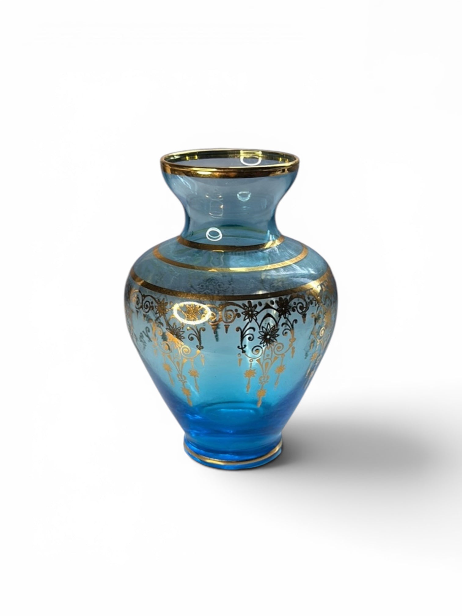 Light blue Vecchia Murano Art glass vase 24k gold leaf