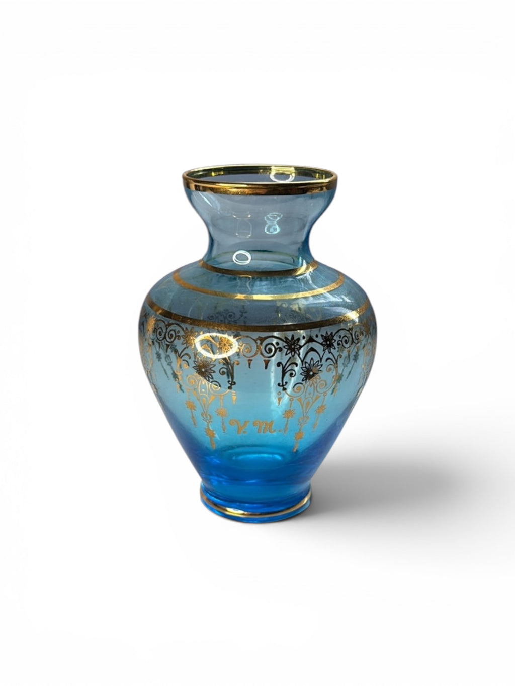 Light blue Vecchia Murano Art glass vase 24k gold leaf