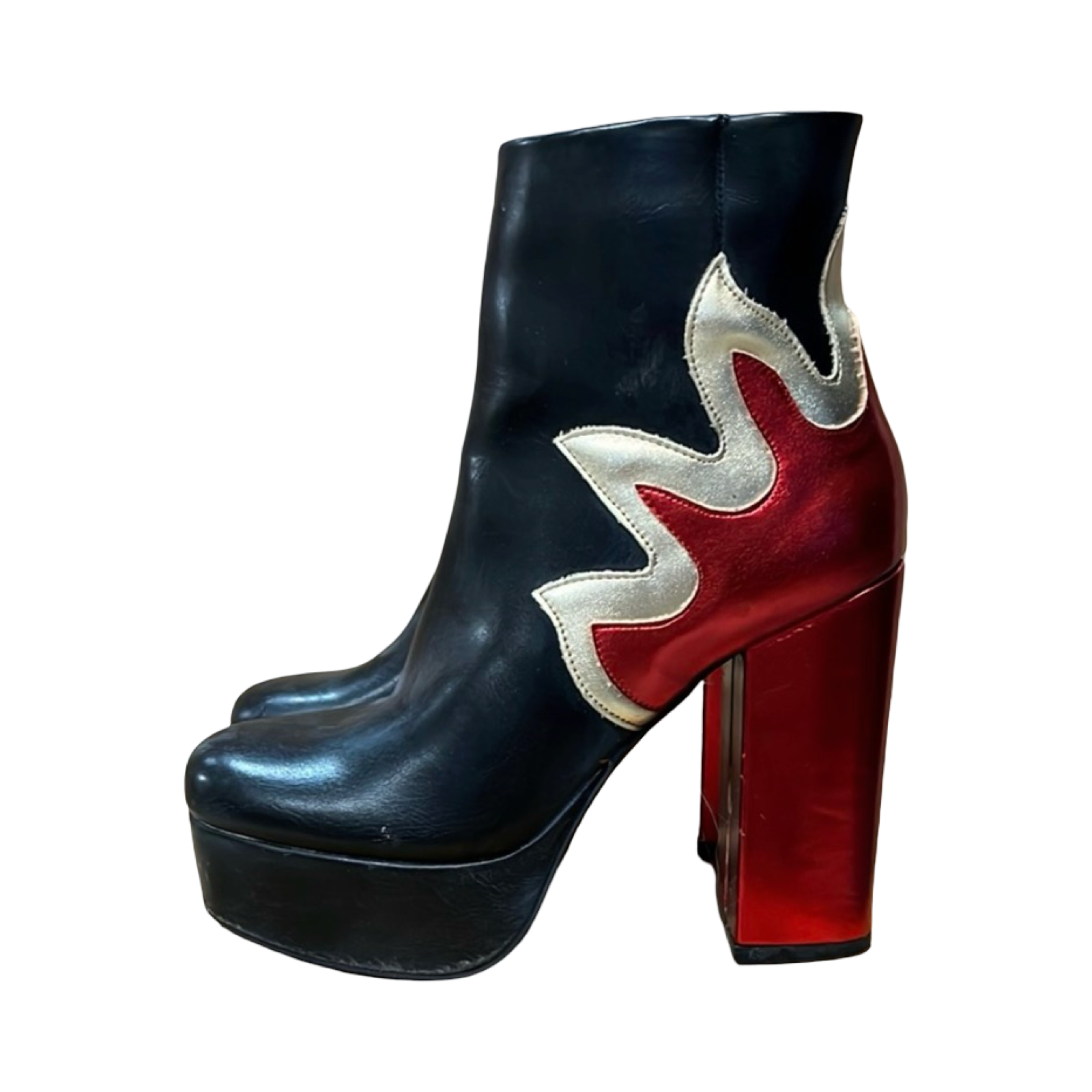 Black and Red Fire Pattern Leather Platform Heels