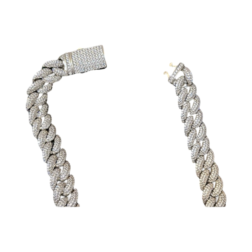 14mm Lab Diamond Silver Cuban Chain